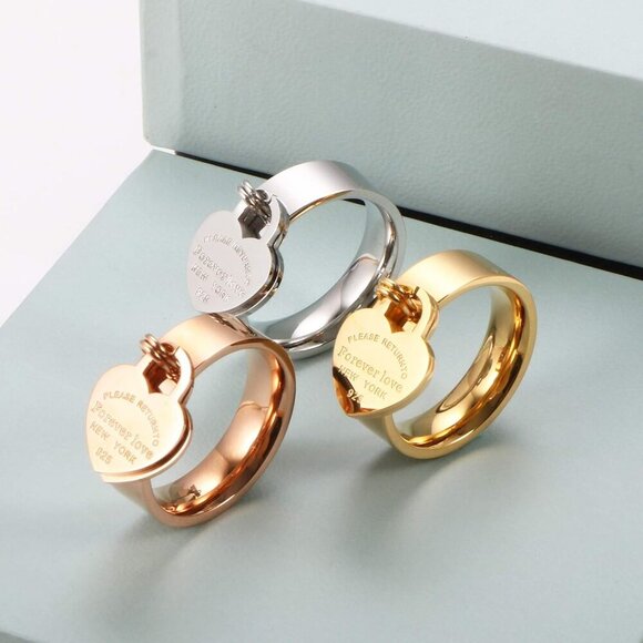 Rings with Charms for Girlfriend, 6mm Heart Dangle Ring Graducation Gift 18k Gol - Picture 4 of 6